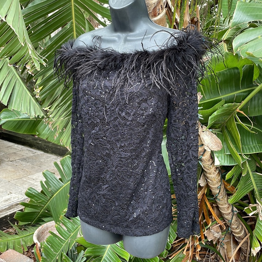 Off the shoulder, ostrich feather, trim, stretch lace top with sequins